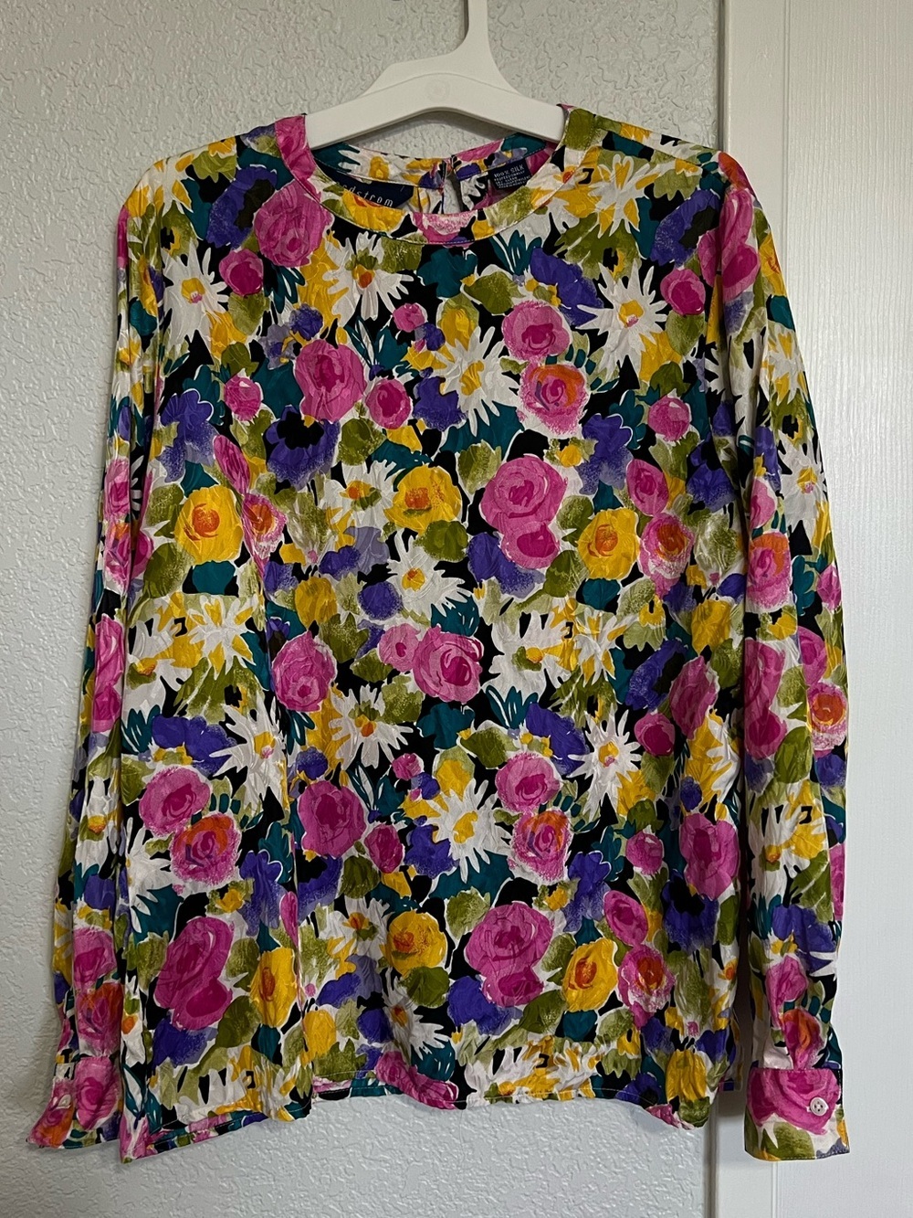 Nordstrom Vintage 100% Silk Floral Blouse Bright Multicolor Long Sleeve Top
